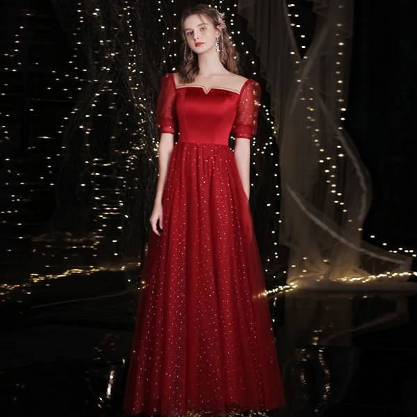Charming Burgundy Prom Dresses 2021 A-Line / Princess Scoop Neck Beading Sequins Short Sleeve Backless Floor-Length / Long Prom Formal Dresses