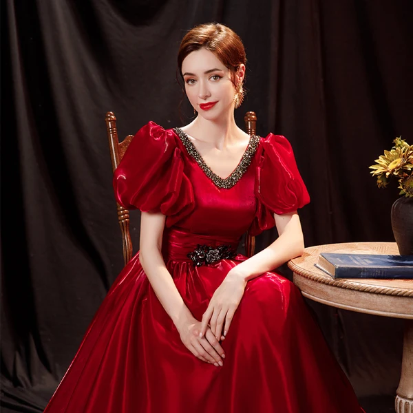 Vintage / Retro Burgundy Satin Prom Dresses 2021 A-Line / Princess V-Neck Rhinestone Bell sleeves Backless Floor-Length / Long Prom Formal Dresses