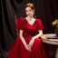 Vintage / Retro Burgundy Satin Prom Dresses 2021 A-Line / Princess V-Neck Rhinestone Bell sleeves Backless Floor-Length / Long Prom Formal Dresses