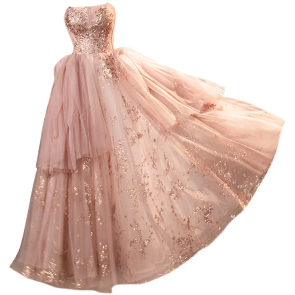 Charmant Rougissant Rose Robe De Bal 2021 Princesse Bustier Sans Manches Dos Nu Perlage Paillettes Longue Promo Robe De Ceremonie