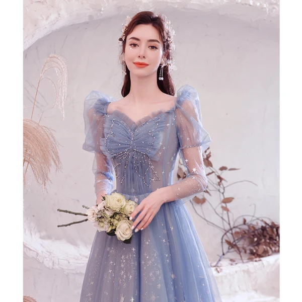 Charming Sky Blue Prom Dresses 2021 A-Line / Princess Square Neckline Beading Star Sequins Rhinestone Long Sleeve Backless Floor-Length / Long Prom Formal Dresses