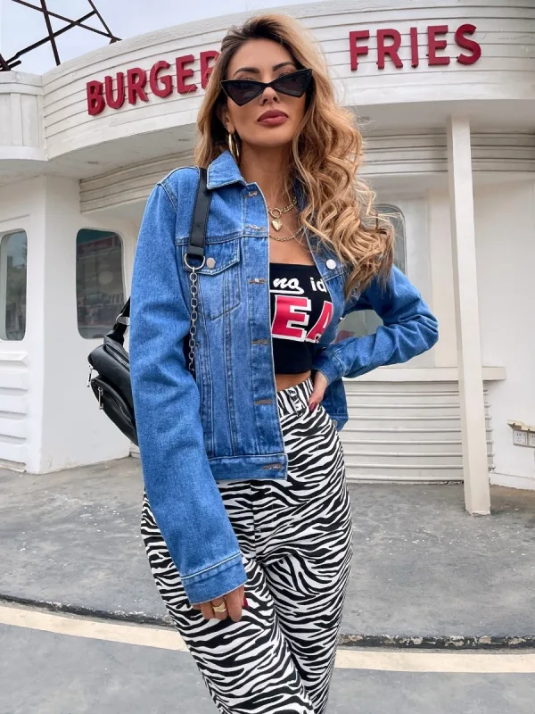 Fashion Summer Street Wear Casual Sky Blue Denim Coats & Jackets 2021 Lapel  Long Sleeve Women's Tops