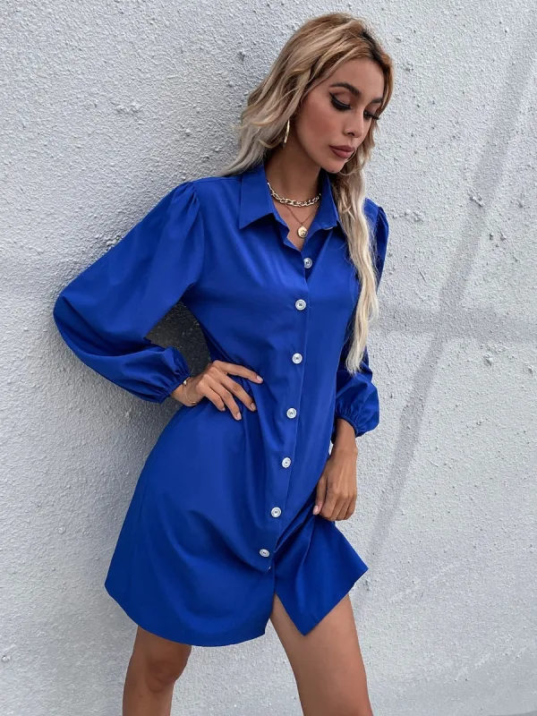 Modest / Simple Summer Street Wear Solid Color Royal Blue Loose Women Dresses 2021 Covered Button Lapel Long Sleeve Women's Tops