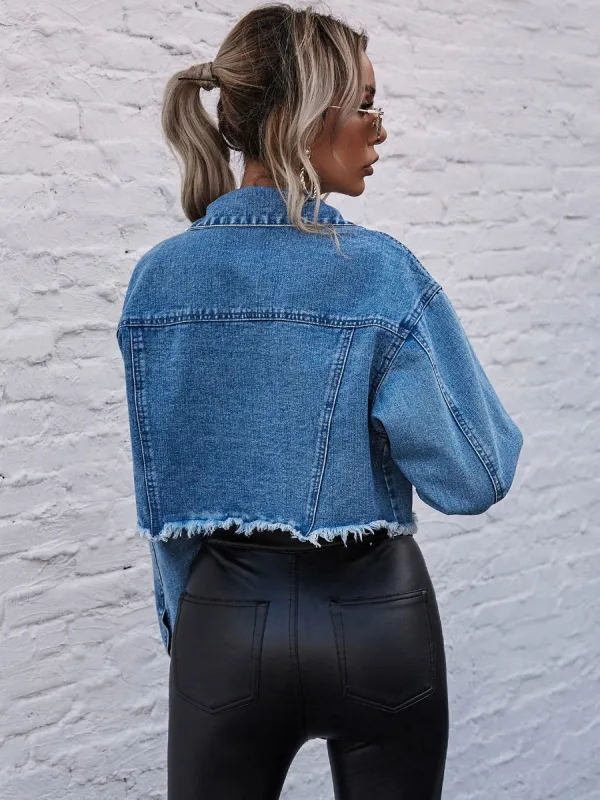 Mode Gatukläder Ocean Blå Denim Rockar & Jackor 2021 Covered Button Omslags Långärmad Damtoppar