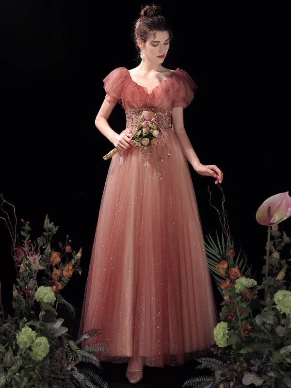 Charming Watermelon Glitter Prom Dresses 2021 A-Line / Princess V-Neck Beading Rhinestone Sequins Short Sleeve Floor-Length / Long Prom Formal Dresses