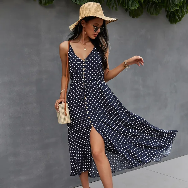 Fashion Summer Street Wear Resort Wear Beach Blushing Pink Spotted Women Dresses 2021 V-Neck Sleeveless Covered Button Sash Loose Tea-length