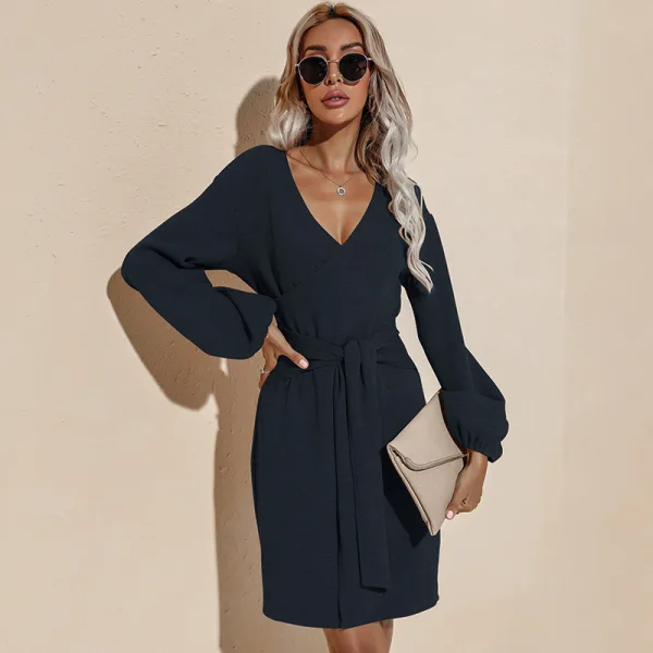 Summer Street Wear Resort Wear Burgundy Solid Color Regular Women Dresses 2021 V-Neck Sash Long Sleeve
