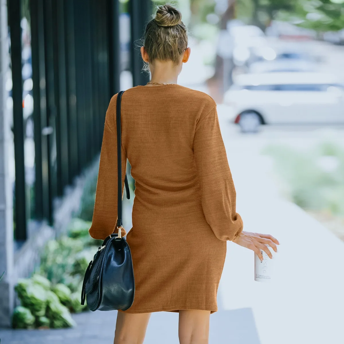 Fall Winter Street Wear Sky Blue Regular Women Dresses 2021 Cotton V Neck  Long Sleeve Sash