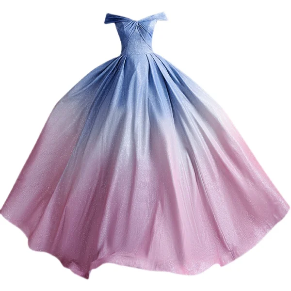 Fashion Gradient-Color Sky Blue Glitter Prom Dresses 2021 A-Line / Princess Off-The-Shoulder Short Sleeve Backless Bow Floor-Length / Long Prom Formal Dresses