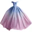 Fashion Gradient-Color Sky Blue Glitter Prom Dresses 2021 A-Line / Princess Off-The-Shoulder Short Sleeve Backless Bow Floor-Length / Long Prom Formal Dresses