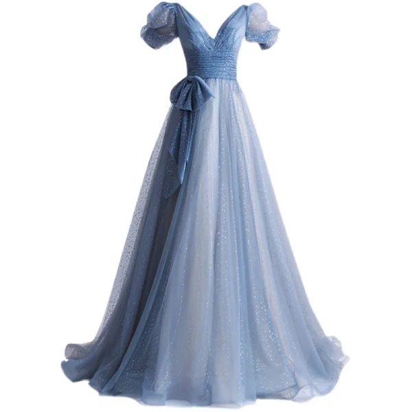 Chic / Belle Bleu Ciel Paillettes Robe De Bal 2021 Princesse V-Cou Manches Courtes Dos Nu Noeud Longue Promo Robe De Ceremonie