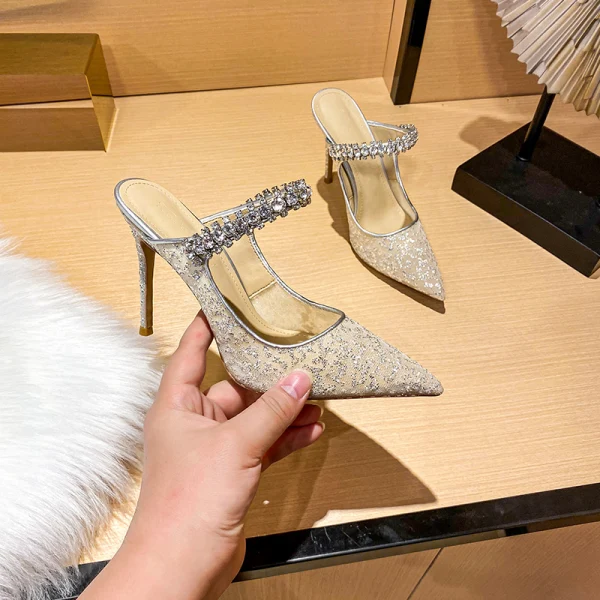 Sexy Silver Cocktail Party Evening Party Rhinestone Sequins Womens Sandals 2021 Leather Tulle 10 cm Stiletto Heels Pointed Toe Womens Shoes High Heels