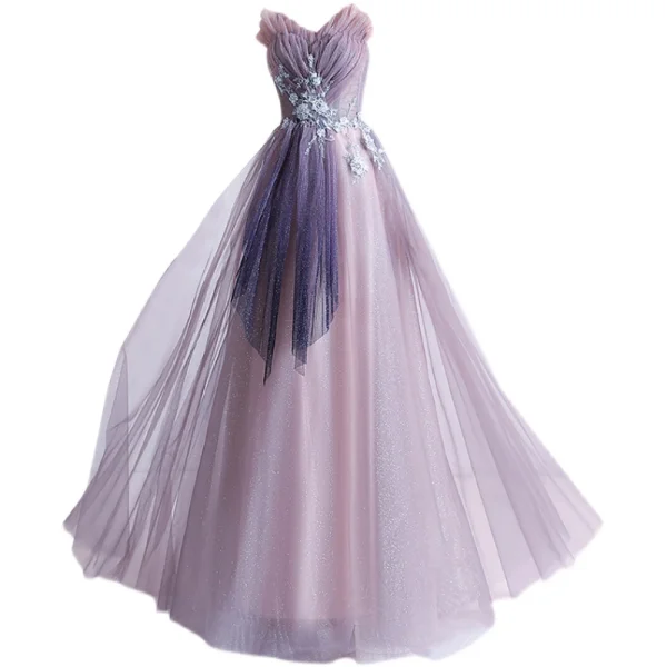 Fashion Lavender Prom Dresses 2021 A-Line / Princess Strapless Beading Pearl Sequins Lace Flower Sleeveless Backless Floor-Length / Long Formal Dresses