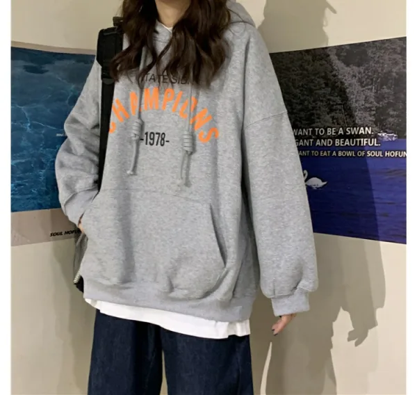Comfortable Fall Winter Casual Navy Blue Loose Letter Graphic Hooded Sweatshirts 2021 Cotton Long Sleeve Women's Tops