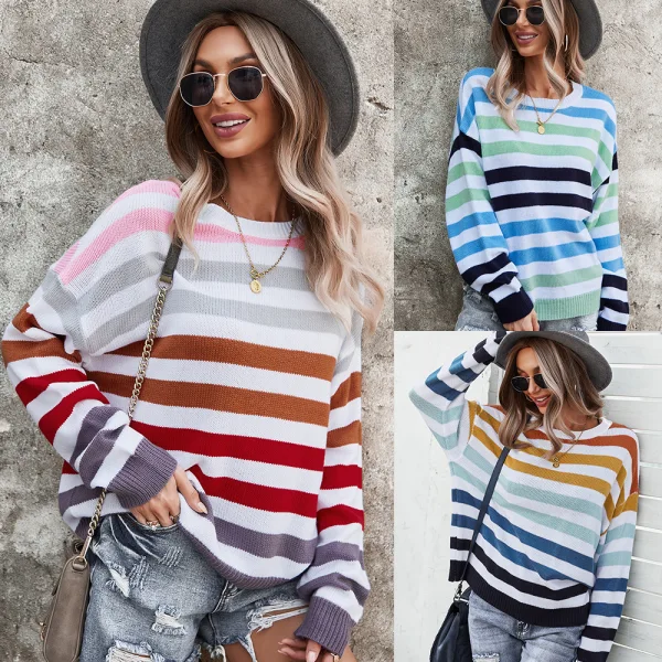 Mode Tomber Hiver Vêtement de rue Multi-Couleurs Bande Ample Chandails 2021 Coton Encolure Dégagée Manches Longues Hauts pour Femmes