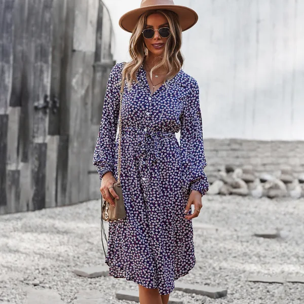 Bohemia Summer Printing Yellow Women Dresses 2021 A-Line / Princess Beach Street Wear Resort Wear V-Neck Sash Long Sleeve Knee-Length