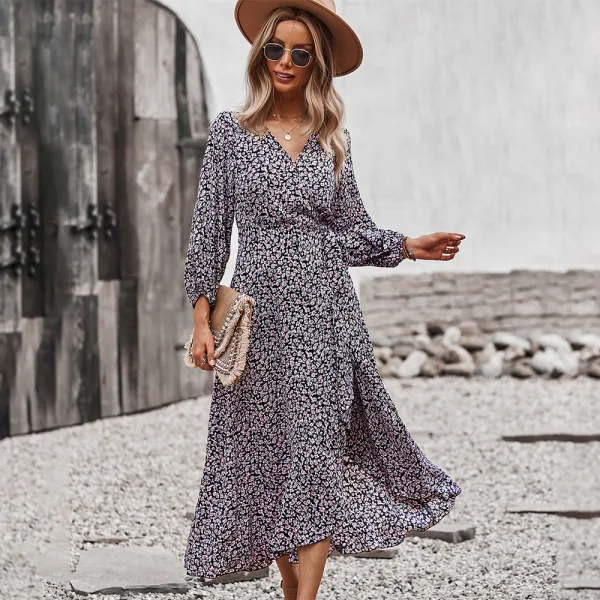 Bohemia Summer Beach Resort Wear Yellow Floral Maxi Dresses 2021 V-Neck Sash Bow Long Sleeve Tea-length