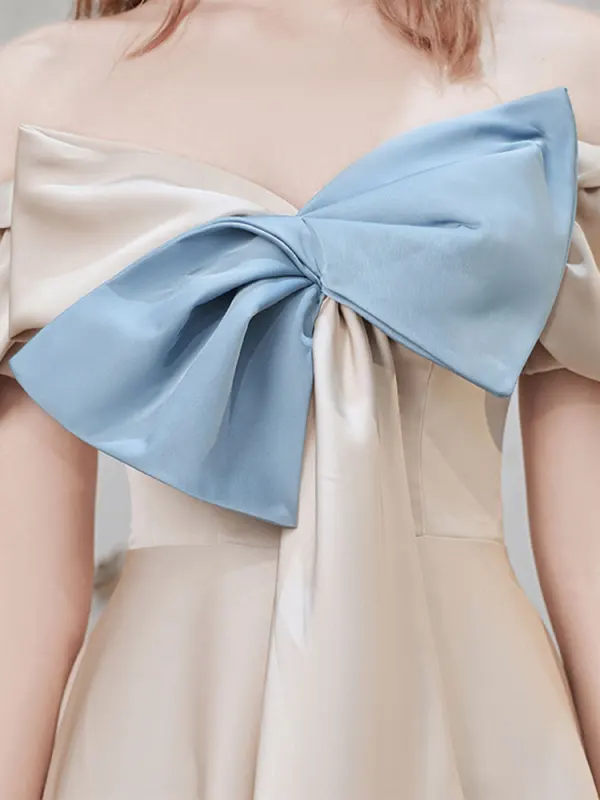 Fashion Champagne Bow Graduation Dresses 2021 A-Line / Princess Homecoming Off-The-Shoulder Short Sleeve Backless Tea-length Formal Dresses