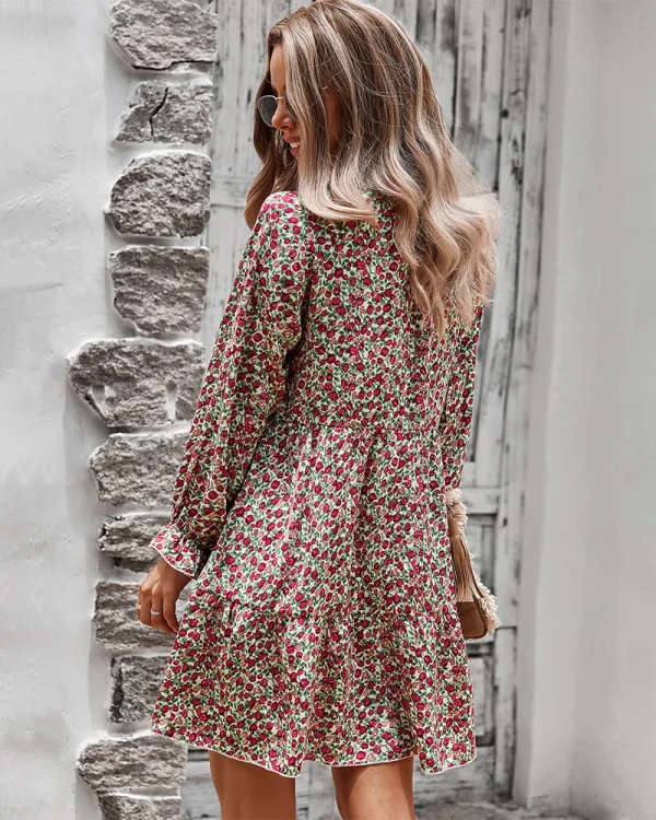 Summer Beach Street Wear Resort Wear Candy Pink Floral Women Dresses 2021 V-Neck Long Sleeve