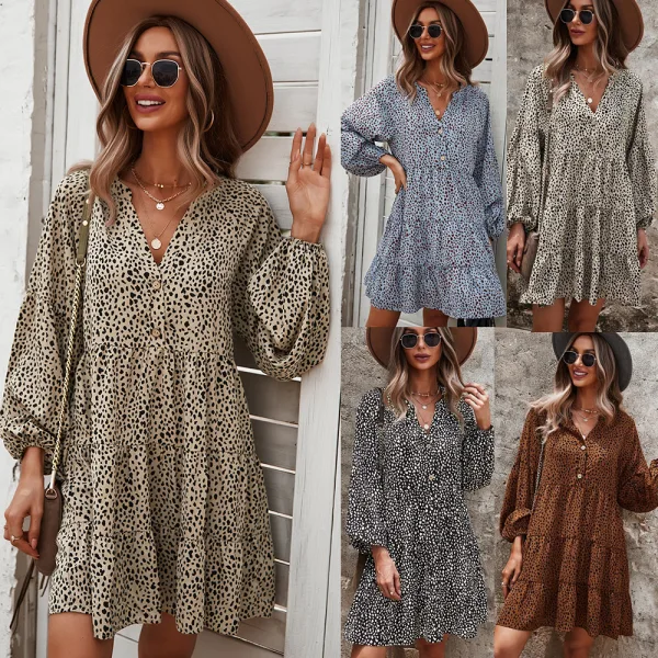 Modest Summer Brown Street Wear Spotted Leopard Print Women Dresses Women's Tops 2021 V-Neck Loose Long Sleeve Knee-Length
