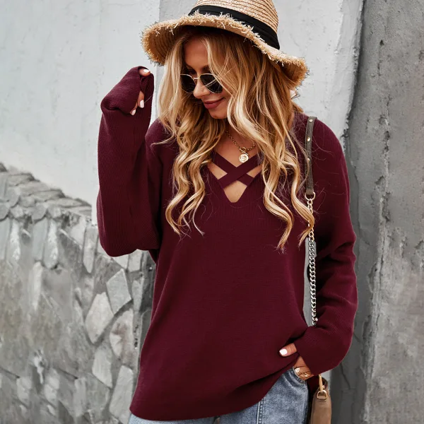 Sexy Fall Winter Beige Street Wear Sweaters 2021 Cotton V-Neck Regular Long Sleeve Women Tops