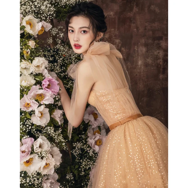 Chic / Beautiful Champagne Sequins Homecoming Graduation Dresses 2021 A-Line / Princess V-Neck Sleeveless Sash Tea-length Formal Dresses