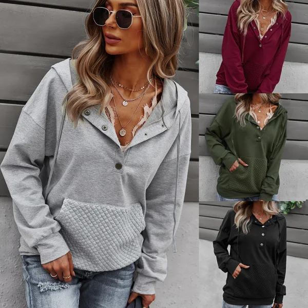 Désinvolte Tomber Hiver Gris Encapuchonné Sweats 2021 Boutons Manches Longues Femme Hauts