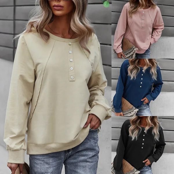 Herbst Winter Freizeit Beige Pullover 2021 Rundhalsausschnitt Schaltflächen Lange Ärmel Regulär Damen Oberteile