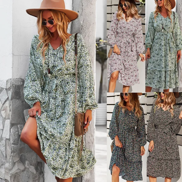 Chic / Beautiful Fall Winter Beach Resort Wear Street Wear Blushing Pink Floral Women Dresses 2021 V-Neck Long Sleeve Sash Loose Knee-Length