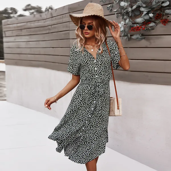 Bohemia Summer Spring Beach Resort Wear Street Wear Red Floral Women Dresses 2021 V-Neck Short Sleeve Loose