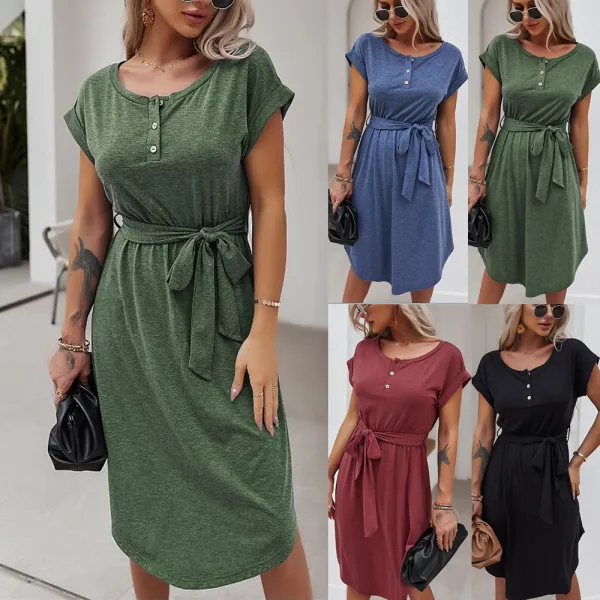 Casual Spring Summer Burgundy Women Dresses 2021 Scoop Neck Bow Short Sleeve Sash Loose