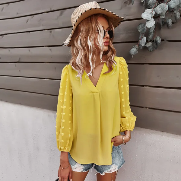 Fashion Spring Summer Blushing Pink Resort Wear Blouses 2021 V-Neck Long Sleeve Loose Women Tops