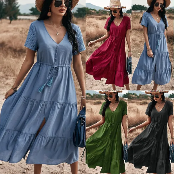 Casual Spring Summer Resort Wear Pool Blue Women Dresses 2021 V-Neck Short Sleeve Sash Tea-length Loose
