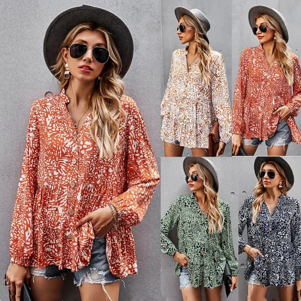 Mode Tomber Été Vêtements de vacances Blanche Floral Femme Hauts 2021 V-Cou Manches Longues Ample