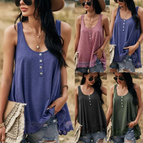 Sexy Spring Summer Casual Navy Blue Women's Tops 2021 Cotton U-Neck Sleeveless Buttons Loose Women Tops