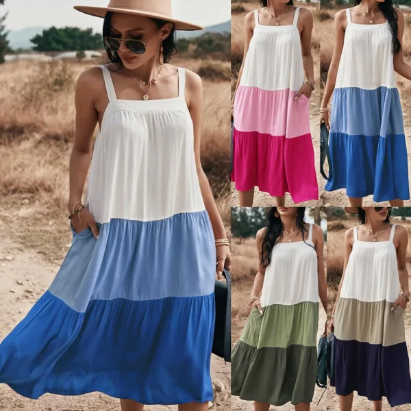 Chic / Beautiful Spring Summer Street Wear Ocean Blue Patchwork Women Dresses 2021 Spaghetti Straps Loose Sleeveless