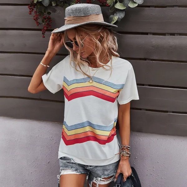 Fashion Spring Summer Candy Pink Street Wear Multi-Colors Striped T-Shirts 2021 Cotton Scoop Neck Loose Short Sleeve Women Tops