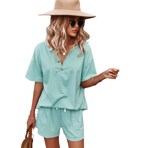 Casual Vår Sommar Limegrön Enfärgad Shorts T-Shirts 2021 V-Hals Knappar Korta ärm Lösa