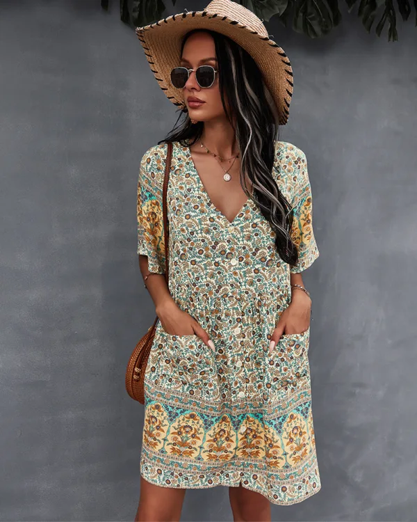 Bohemia Spring Summer Resort Wear Khaki Floral Women Dresses 2021 V-Neck Short Sleeve Loose