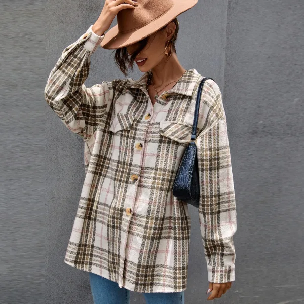 Fashion Beige Fall Winter Street Wear Plaid Coats & Jackets 2021 Lapel  Buttons Long Sleeve Loose Women Tops