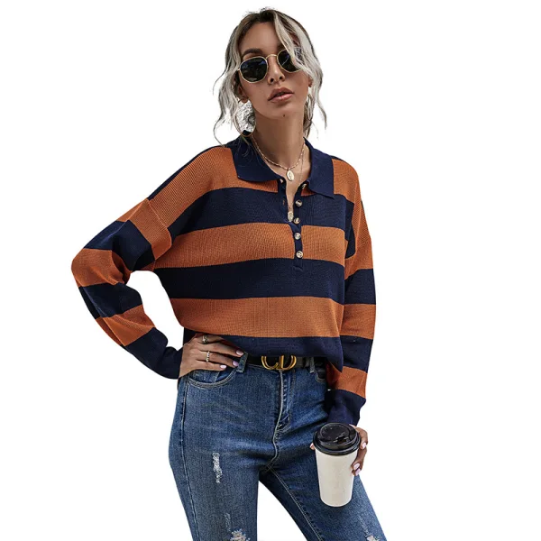 Fashion Fall Winter Street Wear Orange Lapel Stripe Sweaters 2021 Cotton Long Sleeve Regular Women Tops