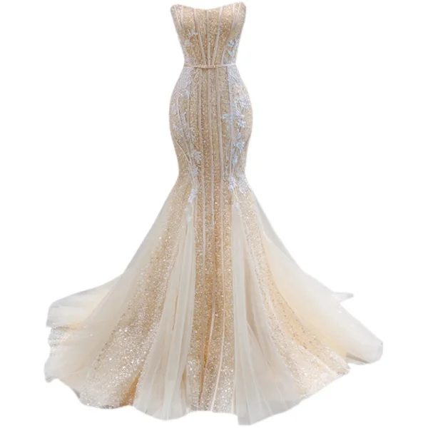 Sexy Charmant Champagne Perlage Trompette / Sirène Robe De Mariée 2021 Sans Manches Perle En Dentelle Fleur Noeud Ceinture Paillettes Bustier