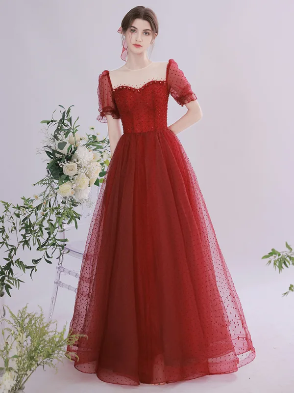 Elegant Burgundy Beading Prom Dresses 2021 A-Line / Princess Scoop Neck Sequins Short Sleeve Backless Floor-Length / Long Prom Formal Dresses