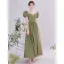Vintage / Retro Olive Green Satin Homecoming Prom Dresses 2021 A-Line / Princess Scoop Neck Pearl Beading Puffy Short Sleeve Backless Floor-Length / Long Formal Dresses