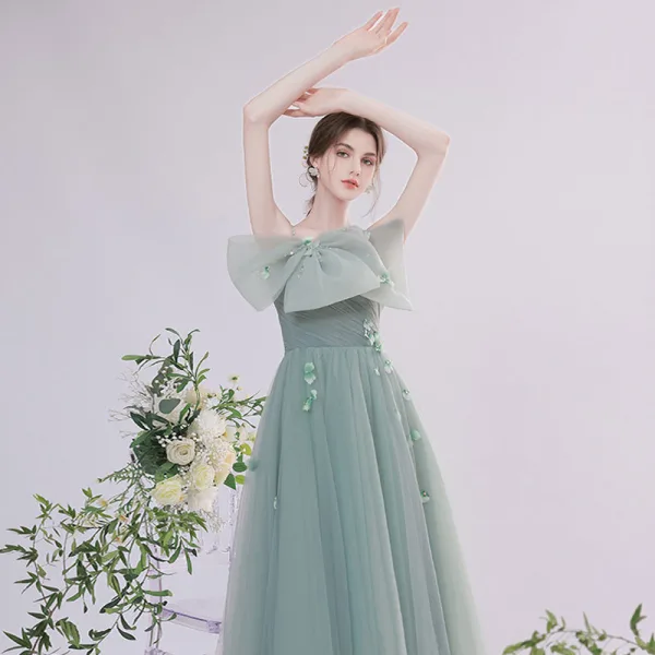 Illusion Sage Green Homecoming Prom Dresses Graduation Dresses 2021 A-Line / Princess Spaghetti Straps Sleeveless Bow Beading Appliques Backless Tea-length Formal Dresses