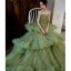 Charming Olive Green Cascading Ruffles Prom Evening Dresses 2021 A-Line / Princess Spaghetti Straps Sleeveless Backless Court Train Formal Dresses