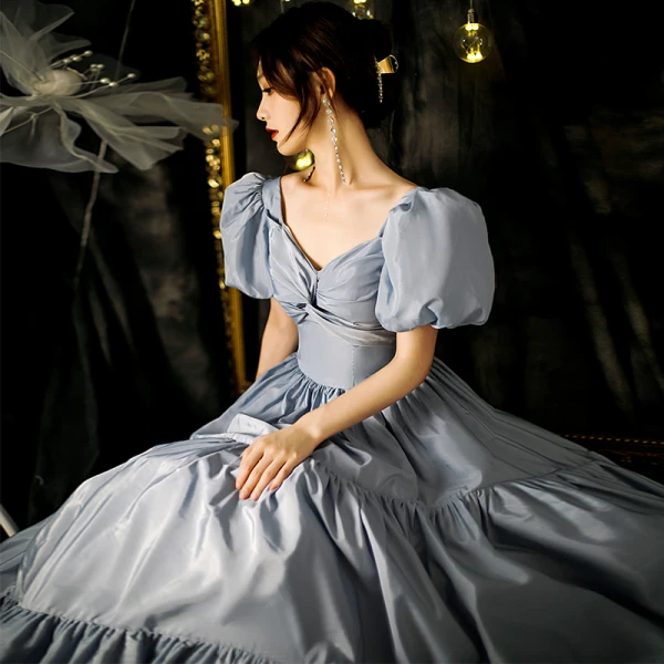 Chic / Beautiful Sky Blue Ruffle Prom Dresses 2021 A-Line / Princess V-Neck Puffy Short Sleeve Backless Floor-Length / Long Formal Dresses
