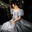 Chic / Beautiful Sky Blue Ruffle Prom Dresses 2021 A-Line / Princess V-Neck Puffy Short Sleeve Backless Floor-Length / Long Formal Dresses