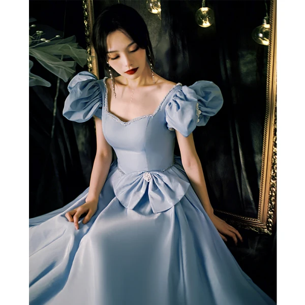 Vintage / Originale Bleu Ciel Robe De Bal 2021 Princesse Encolure Carrée Perlage Perle Noeud Gonflée Manches Courtes Dos Nu Longue Robe De Ceremonie
