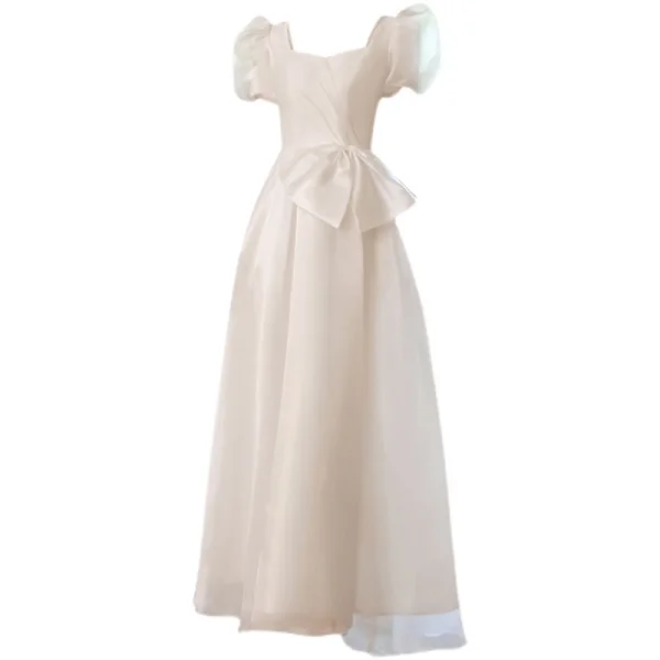 Vintage / Retro Modest / Simple Ivory Pearl Prom Dresses 2021 A-Line / Princess Square Neckline Puffy Short Sleeve Backless Bow Floor-Length / Long Formal Dresses